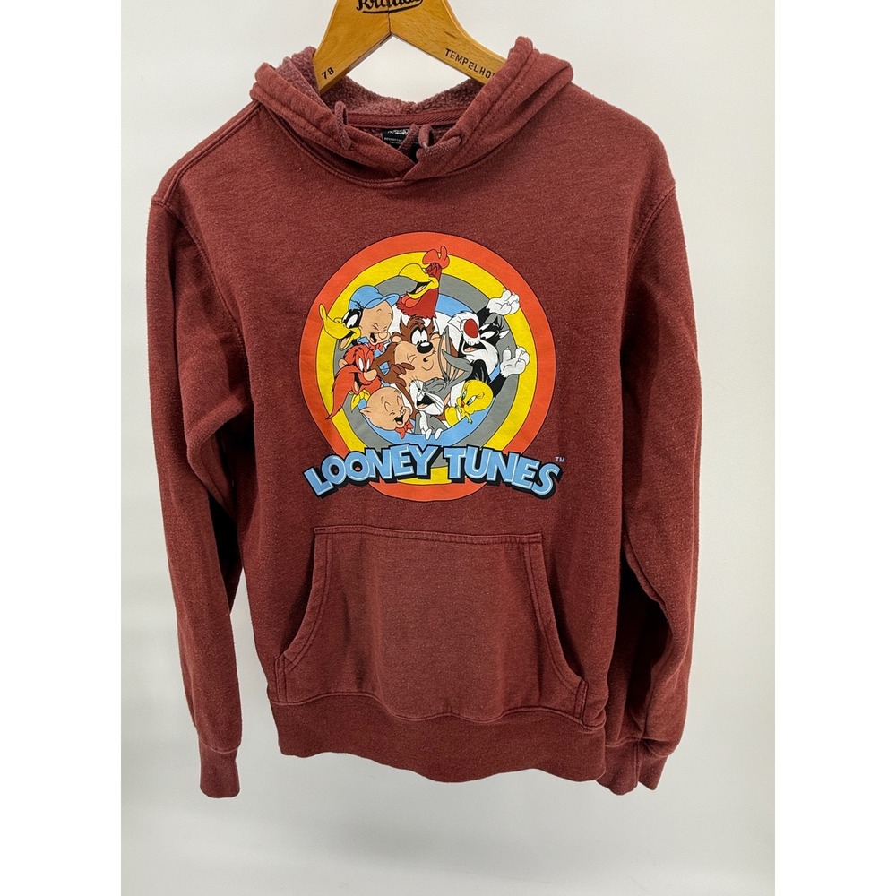 Looney Tunes Hoodie Maroon Small Cartoon Characters Bugs Bunny Pullover Sz S